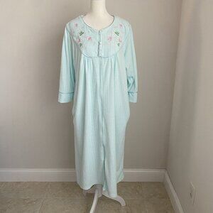 Casual Nights Womens Large L Teal Blue Ribbed Embroidered Zip Front Housecoat